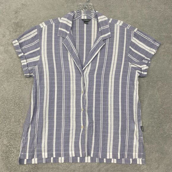 Eddie Bauer Shirt Womens Small Blue Stripe Button Up Cotton Short Sleeve Collar - Picture 1 of 7